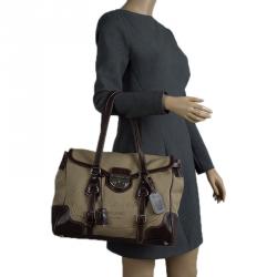 Pre Owned Prada Beige/Brown Canvas and Leather Push Lock Tote