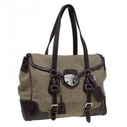 Pre Owned Prada Beige/Brown Canvas and Leather Push Lock Tote