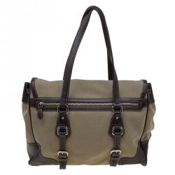 Pre Owned Prada Beige/Brown Canvas and Leather Push Lock Tote