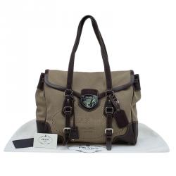 Pre Owned Prada Beige/Brown Canvas and Leather Push Lock Tote