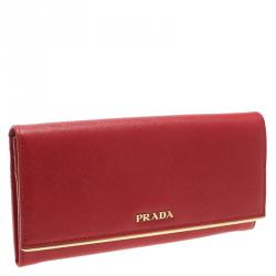 Pre Owned Prada Red Saffiano Metal Leather Detail Organizer Wallet