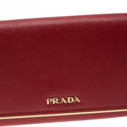 Pre Owned Prada Red Saffiano Metal Leather Detail Organizer Wallet
