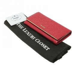 Pre Owned Prada Red Saffiano Metal Leather Detail Organizer Wallet