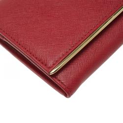 Pre Owned Prada Red Saffiano Metal Leather Detail Organizer Wallet