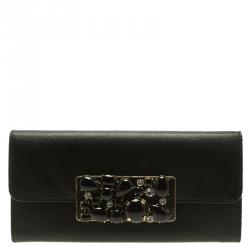 Pre Owned Prada Black Saffiano Fiocco Leather Jewel Embellished Continental Wallet