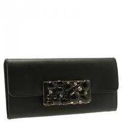 Pre Owned Prada Black Saffiano Fiocco Leather Jewel Embellished Continental Wallet
