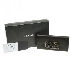 Pre Owned Prada Black Saffiano Fiocco Leather Jewel Embellished Continental Wallet