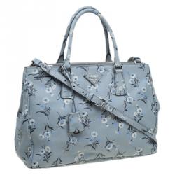 Pre Owned Prada Grey Floral Print Saffiano Leather Tote