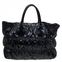 Pre Owned Prada Black Gaufre Patent Leather Large Tote