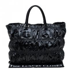 Pre Owned Prada Black Gaufre Patent Leather Large Tote