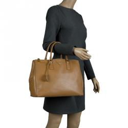 Pre Owned Prada Brown Saffiano Lux Leather Large Double  Zip Tote