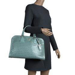 Pre Owned Prada Reef Green Perforated Saffiano Fori Leather Satchel