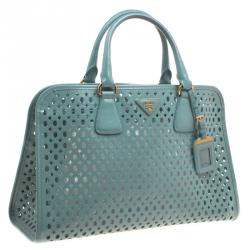 Pre Owned Prada Reef Green Perforated Saffiano Fori Leather Satchel