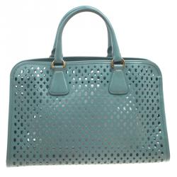 Pre Owned Prada Reef Green Perforated Saffiano Fori Leather Satchel