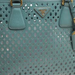 Pre Owned Prada Reef Green Perforated Saffiano Fori Leather Satchel