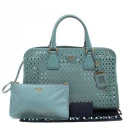Pre Owned Prada Reef Green Perforated Saffiano Fori Leather Satchel