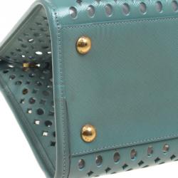 Pre Owned Prada Reef Green Perforated Saffiano Fori Leather Satchel