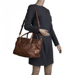 Pre Owned Prada Brown Glazed Leather Top Handle Bag