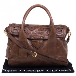 Pre Owned Prada Brown Glazed Leather Top Handle Bag