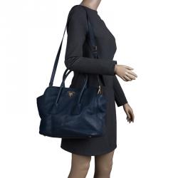 Pre Owned Prada Navy Blue Vitello Daino Leather Tote