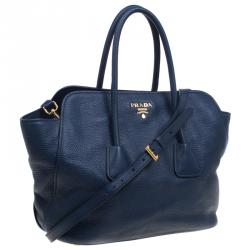 Pre Owned Prada Navy Blue Vitello Daino Leather Tote