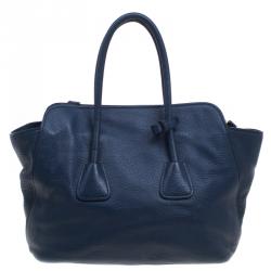 Pre Owned Prada Navy Blue Vitello Daino Leather Tote