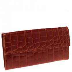 Pre Owned Prada Red Orange Crocodile Long Wallet