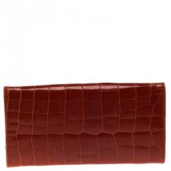 Pre Owned Prada Red Orange Crocodile Long Wallet