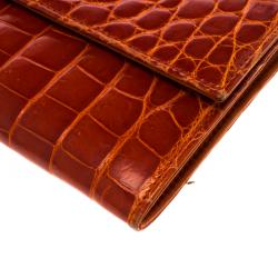 Pre Owned Prada Red Orange Crocodile Long Wallet