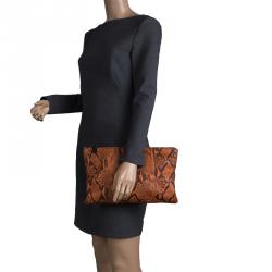 Pre Owned Prada Orange Python Flat Zip Clutch