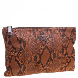 Pre Owned Prada Orange Python Flat Zip Clutch