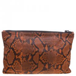 Pre Owned Prada Orange Python Flat Zip Clutch