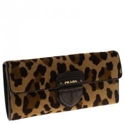Pre Owned Prada Leopard Print Calf Hair Continental Wallet