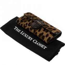 Pre Owned Prada Leopard Print Calf Hair Continental Wallet