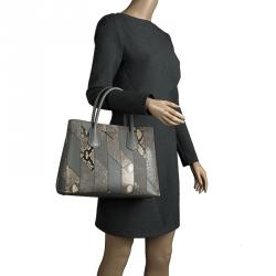 Pre Owned Prada Grey Exotic Skin and Leather Patchwork Double Handle Tote
