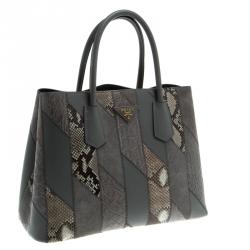 Pre Owned Prada Grey Exotic Skin and Leather Patchwork Double Handle Tote