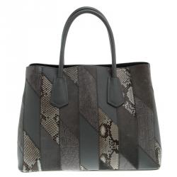Pre Owned Prada Grey Exotic Skin and Leather Patchwork Double Handle Tote