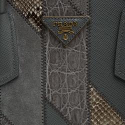 Pre Owned Prada Grey Exotic Skin and Leather Patchwork Double Handle Tote