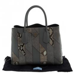 Pre Owned Prada Grey Exotic Skin and Leather Patchwork Double Handle Tote