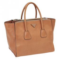 Pre Owned Prada Brown Glace Calf Leather Twin Pocket Double Handle Tote