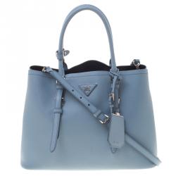 Pre Owned Prada Light Blue Saffiano Cuir Leather Convertible Tote