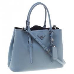 Pre Owned Prada Light Blue Saffiano Cuir Leather Convertible Tote