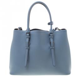 Pre Owned Prada Light Blue Saffiano Cuir Leather Convertible Tote
