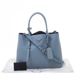 Pre Owned Prada Light Blue Saffiano Cuir Leather Convertible Tote