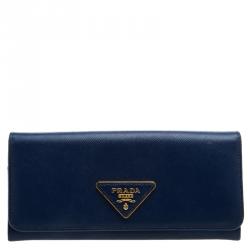Pre Owned Prada Blue Saffiano Leather Continental Wallet