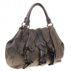 Pre Owned Prada Metallic Grey Nappa Leather Ruffle Hobo