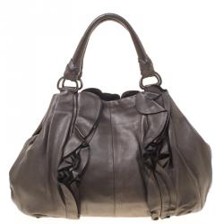 Pre Owned Prada Metallic Grey Nappa Leather Ruffle Hobo
