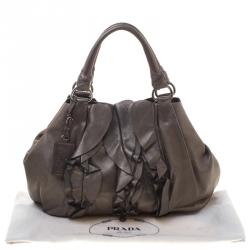 Pre Owned Prada Metallic Grey Nappa Leather Ruffle Hobo