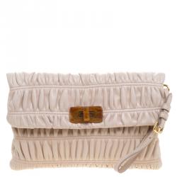Pre Owned Prada Beige Leather Gaufre Wristlet Clutch