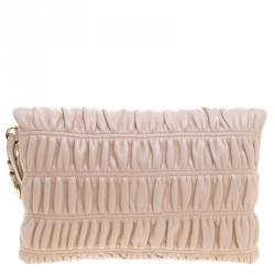 Pre Owned Prada Beige Leather Gaufre Wristlet Clutch